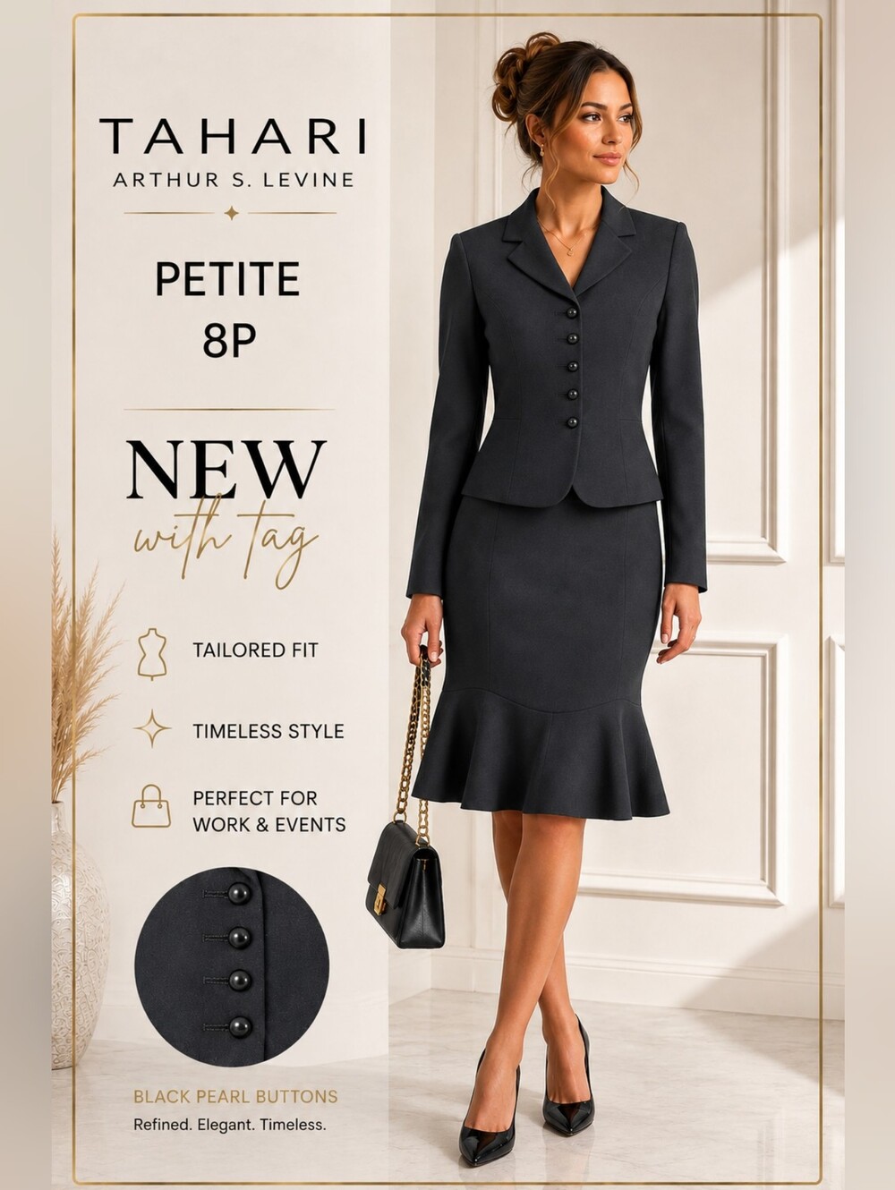 NWT Tahari Arthur S. Levine Petite 8P Black Skirt Suit Career Office 2-Piece
